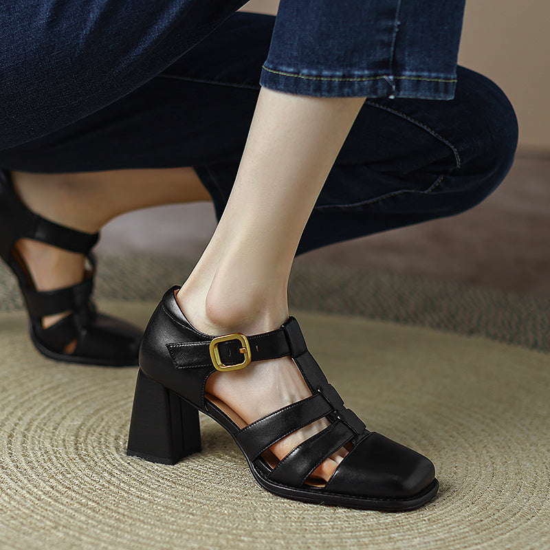 Sonicelife 2025  New Summer French Square Headed High Heels Women's Retro Hollow Out Thick Heels Baotou  Sandals Wholesale