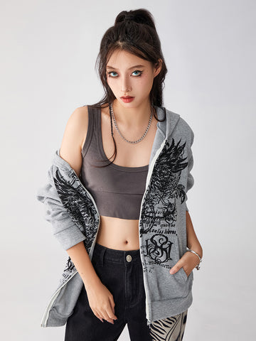 thanksgiving outfit Sonicelife Women Vintage Zip Up Hoodie Long Sleeve Oversized Sweatshirts Y2K Gothic Jacket Pullover Streetwear