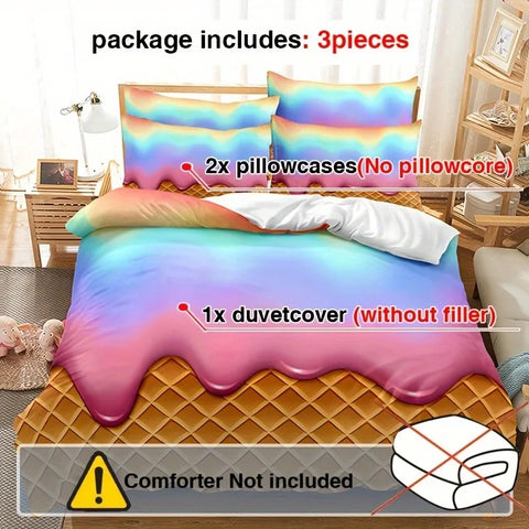 Sonicelife 3pcs Vibrant Rainbow Ice Cream Wafer Cone Duvet Cover Set - Soft, Breathable, and Comfortable Bedding for Bedroom, Dormitory