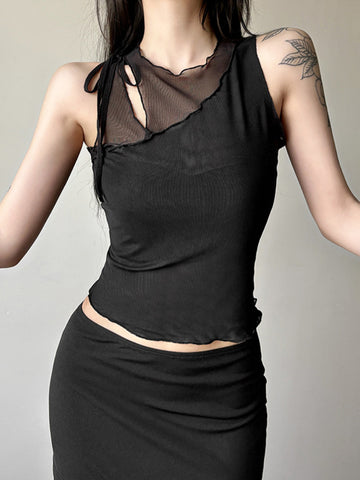 Sonicelife Dark Academia Gothic Sexy Mesh Vest Women Streetwear See Through Hollow Out Patchwork Crop Tank Top Y2k Emo Alt Outfits