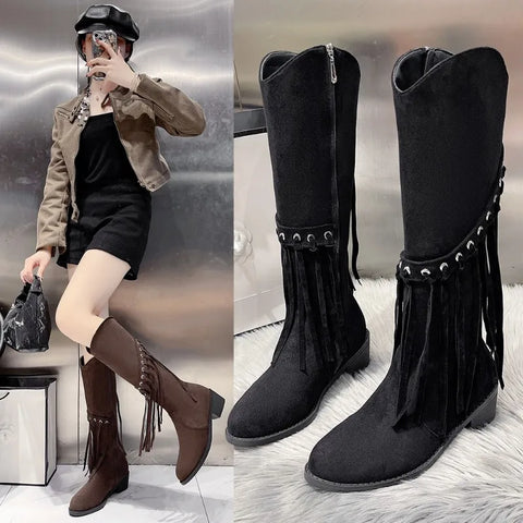 Sonicelife Luxury Shoes for Women 2025  Fashion Bohemia Knee-length Women's Boots New Pointed Tassels Faux Suede Boots Ladies Platform Shoes