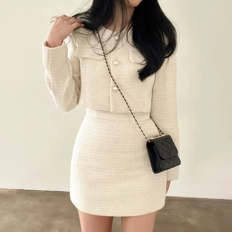 Sonicelife Jacket and A-line Mini Skirt Set Fall Winter Women Outfits Women Tweed 2 Two Piece Sets Long Sleeve Pearl Buttons Short