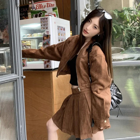 thanksgiving outfit Sonicelife 2024 Autumn New Sensibility Maillard Brown Vintage Leather Jacket With Pleated Skirt Set Women Fashion Dress Set