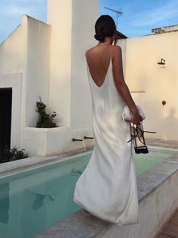 Sonicelife Fashion V Neck Hollow Out Ruffles Hem Midi Dress Elegant Backless Sleeveless Solid A-line Women's Dresses 2025 Summer Lady Robes