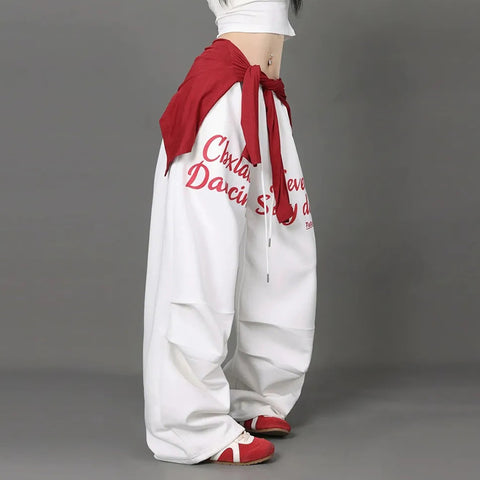 Sonicelife Vintage Letter Print Sweatpants Women American Streetwear Loose Trousers Y2K Hip Hop Drawstring Casual Wide Leg Pants