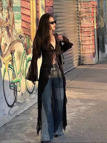 Sonicelife Summer American Retro Print Cardigan Jackets Women Long Sleeve Mesh Sun Protection Coat Women Y2k Grunge Slim Fit Blusas Shirts
