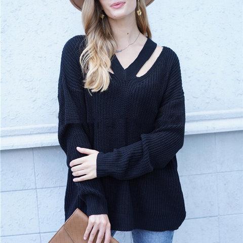 Sonicelife Hollow Out V Neck Sweaters Women Streetwear American Retro Loose Knitted Pullovers Fall Long Sleeve Oversize Casual Jumpers