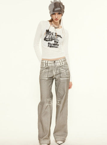 Sonicelife-High-Waisted Letter Printed Long-Sleeved Top