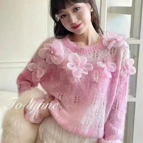 Black Friday Sonicelife Sweet Flowers Sweater Women Pink Beaded Hollow Out Loose O-Neck Knitted Jumpers Fashion Spring Fall Long-Sleeved Lazy Pretty Top