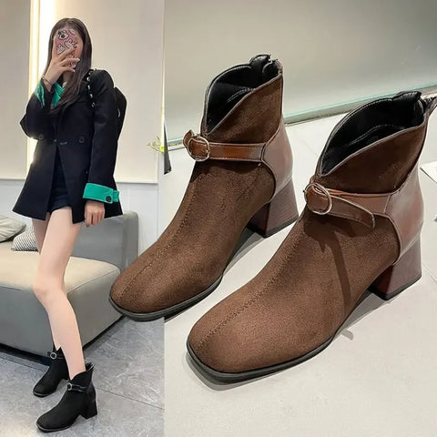 Sonicelife Autumn Women Ankle Boots Black Chunky High Heel Color Matching Buckle Bota Back Zip Casual Female PU Learther Botines Chelsea