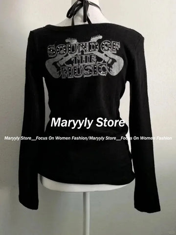 Sonicelife Gothic Vintage Print Long Sleeve T Shirts Women Clothes Harajuku Diamond Black Tees Bandage Casual Fashion T-shirt Y2k Tops New