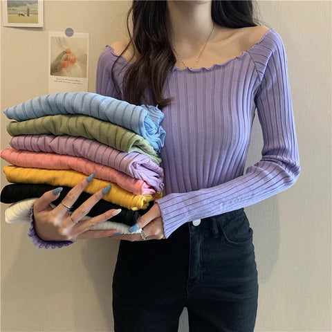 Black Friday Sonicelife Autumn Slim Knitted Crop Sweaters Women Fashion Solid Long Sleeve Square Collar Pullovers Korean All Match Chic Casual Sweaters