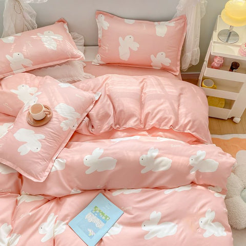 Sonicelife Princess Style Bedding Set Girls Twin Queen Full Size Duvet Cover Set Bed Flat Sheet Pillowcase Kids Adult Pink Letter Bed Linen