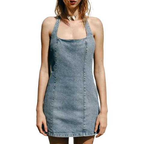 Sonicelife Women's Denim Camisole Dress with a Hanging Neck, One Line Collar, Backless, Sexy and Versatile, Slim Fit Mini Dress, New
