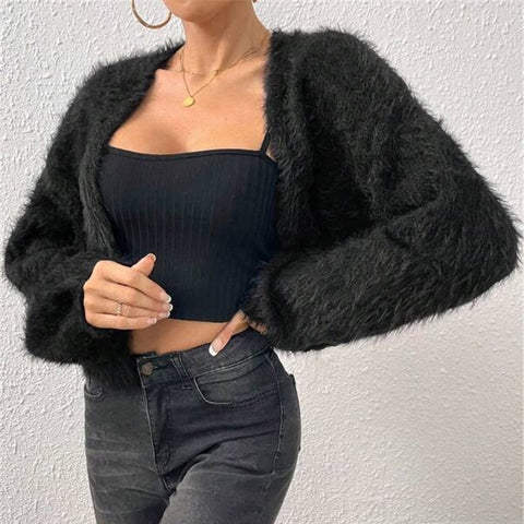 Black Friday Sonicelife Casual Plush Solid Short Cardigan Women Vintage Loose Fluffy Long Sleeve Open Coats Lady Autumn Soft Elegant Chic Street Outwear