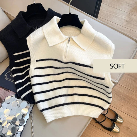 Sonicelife Retro Lapel Zipper Stripe Knitted Waistcoat Women Autumn Winter Korean Fashion Sleeveless Sweaters Casual Simple Pullover Vest