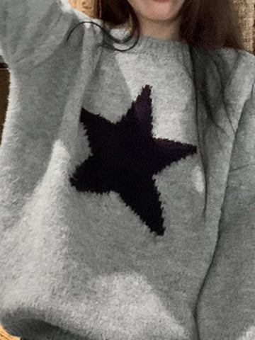 Sonicelife-Vintage Star Jacquard Crew Neck Sweater