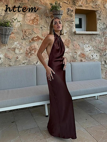 Sonicelife Elegant Satin Hang Neck Lace Up Dress Women Sexy Sleeveless Backless Female Maxi Dresses 2024 Spring Summer Lady Party Robe New