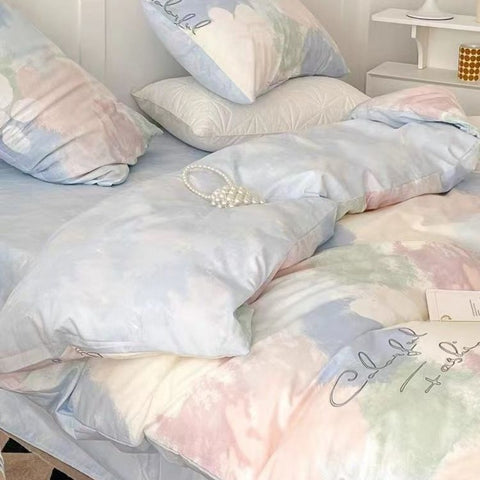 Sonicelife Korean Style Tie-Dye Bedding Set Flat Bed Sheet Pillowcase Twin Full Queen Size Bed Linen Women Girls Pink Duvet Cover Set