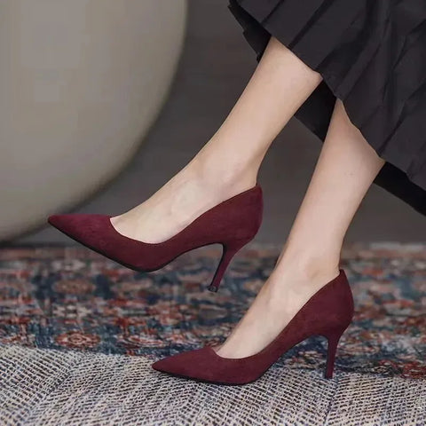 Sonicelife Women High Heel Shoes Sharp Pointed Thin Heel High-heeled Pumps Shoes New Suede Black Red Blue Women's Single Shoes Big Size 42