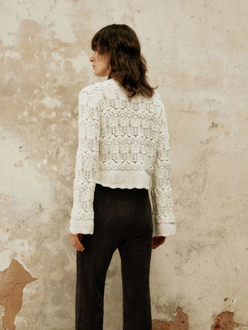 Sonicelife Vintage Hollow Out White Sweaters Women V Neck Sweet Short Knitted Pullovers Fall Long Sleeve French Elegant Loose Jumpers