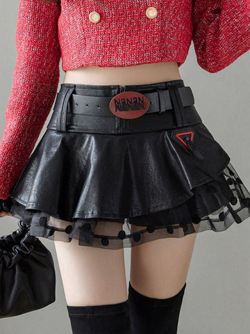 Sonicelife Emo Alt Gothic Pu Skirt Women Streetwear Harajuku Grunge Mesh Patchwork with Belt Mini Skirt Nightclub Sexy Rave Outfits