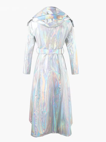 christmas outfit Sonicelife Spring Long Shiny Reflective Holographic Silver Faux Leather Trench Coat for Women with Hood Zip Up Y2K Streetwear