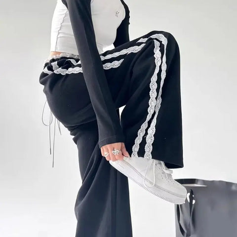 Sonicelife Lace Patchwork Sweatpants Women Y2K Streetwear High Waist Wide Leg Pants Korean Fashion Casual Elastic Waist Straight Trousers
