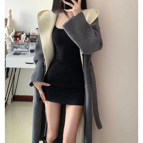 Black Friday Sonicelife Fake Two-Piece Knitted Cardigan Women Hooded Patchwork Korean Fall Sweater Fashion Loose Casual High Street Big Pockets Jumpers