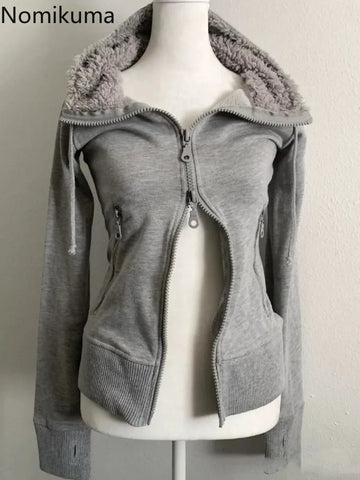 Sonicelife Grey Lamb Wool Double Zipper Hoodies Women's Clothes Slim Waist Hooded Vintage Y2k Coats Ropa Mujer Casual Fashion Sweatshirts