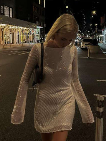 Sonicelife Sexy Sequins Backless Mini Dress Women O-neck Long Flare Sleeve Female Party Dresses 2024 Autumn Lady Sparkle Night Club Vestido