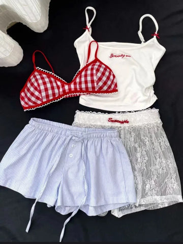 Sonicelife Woman New Korean Fashion Lace 4 Piece Set Spicy Girls Y2k Elastic V Neck Sling Plaid Top + Casual  Bow Short Pants Chic