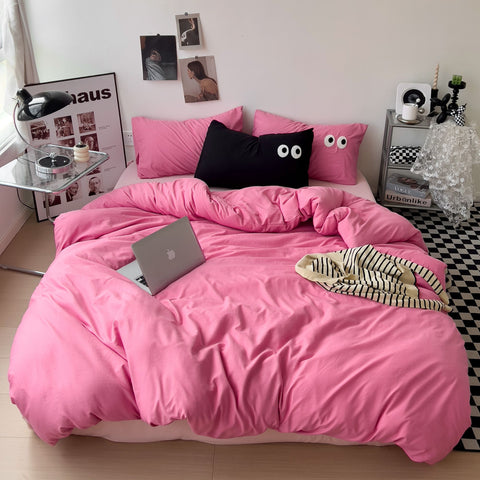 Sonicelife Ins Style Big Eyes Duvet Cover No Filling Double Mix Color Flat Sheet Pillowcases Washed Cotton Embroidery Queen Bedding Set