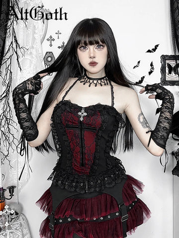 Sonicelife Gothic Hotsweet Camisole Women Vintage Aesthetic Y2k E-girl Hipster Lace Patchwork Halter Crop Tank Tops Cosplay Clothes