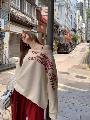 Sonicelife Woman American Vinrage Grey Street Sweatshirt Y2k Letter Printing Long Sleeve Casual Warm Oversize Baggy Ladeies Tops Autumn