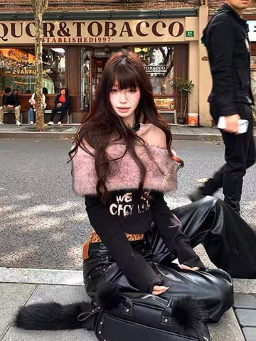 Sonicelife Gyaru Korean Fashion Clothing Autumn Winter Women Shoujo Y2k Coquette Blouse Slant Neck T-Shirt Long Sleeve Cropped Tops