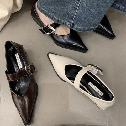 Sonicelife Vintage Pointed Toe Mary's Leather Shoes Women's British 2025  Spring Autumn New Korean Style Flat Shoes Comfortable Slippers