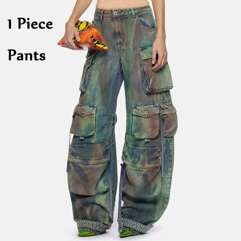 Sonicelife Women Tie Dye Washed Denim Cargo Pants Big Multi-pockets Straight Jeans Loose Trousers Cool Hiphop Lady Baggy Pants Streetwear