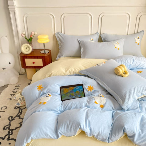 Sonicelife Ins Cartoon Cute Duck Bedding Set Towel Embroidery Duvet Cover Queen Twin Full Size Soft Bed Flat Sheet Quilt Cover Pillowcases