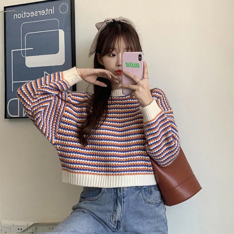 Black Friday Sonicelife Korean Striped Sweater Women Loose Lazy Fall Winter O-Neck Knitted Pullover Harajuku Sweet Pretty Style School Jumpers Tops