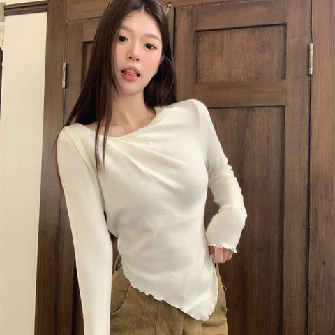 Sonicelife Korean Long Sleeve T Shirt Women Autumn Winter Chic Irregular Knitted Slim Tops Fashion Casual All Match Red Bottoming Shirt New
