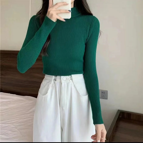 Sonicelife Women Sweater Vintage Basic Solid Knitted Tops Casual Slim Pullover Korean Sweaters Simple Jumper Autumn Winter Mock Neck