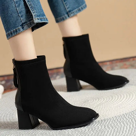 Sonicelife Fashion Thick Heel Short Boots  2025  Winter New Square Headed Suede Short Boots Women Plush Warm High Heels  Boots