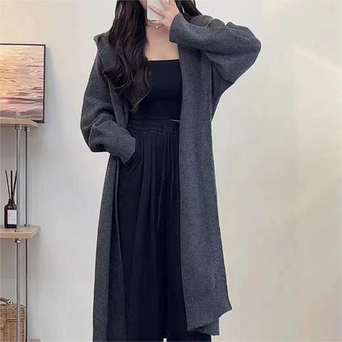 Black Friday Sonicelife Casual Knitted Long Hooded Cardigan Women Korean Loose Solid Single-Breasted Sweaters Female Autumn Chic Elegant Daily Outwear