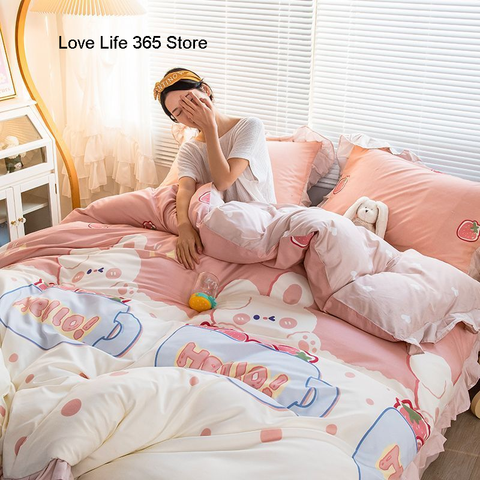 Sonicelife Cute Bear Printed Bedding Set Ins Solid Color Linen And Duvet Cover With Pillowcases Single Double Full Size For Kids Adults