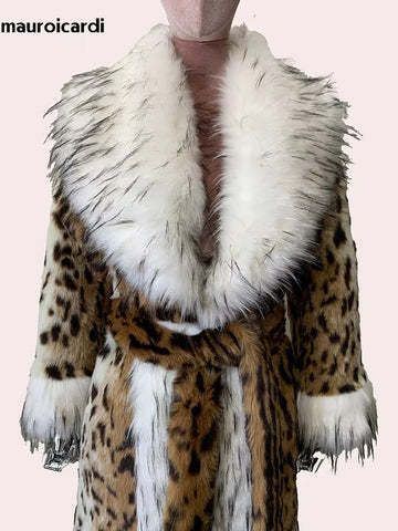 christmas outfit Sonicelife Winter Long Thick Warm Colorful Fluffy Leopard Print Faux Fur Coat Women with Fake Fox Fur Trim Luxury Designer Clothes 2025