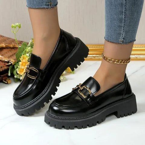 Sonicelife 2025  Female Shoes Women Fashion Mary Janes Round Toe Flats Loafers Oxfords Platform Casual Metal Chain Buckle  Heels Black