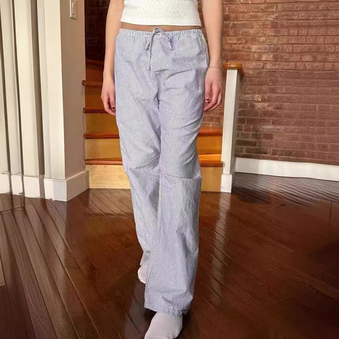 Sonicelife Drawstring High Waist Striped Long Pant 2025 Spring Summer Sport Long Pants Women Casual Preppy Style Sweet Y2K Female Trousers