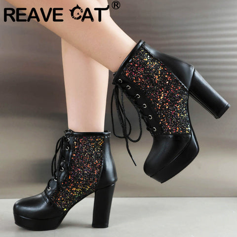thanksgiving outfit Sonicelife Fashion Women Ankle Boots Round Toe Block High Heels 9cm Platform 2cm Glitter 46 47 48 Party Booties