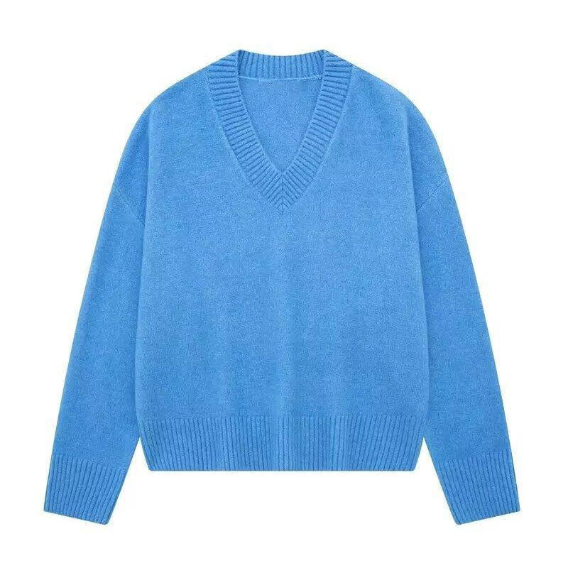 Black Friday Sonicelife Casual Knitted Solid V-neck Sweaters Women Retro Loose Long Sleeve Pullover Sweater Female Autumn Versatile Simple Base Knitwear